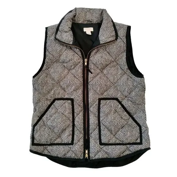 J Crew Women's Small Black Herringbone Down Excursion Puffer Zip Vest - Picture 1 of 4